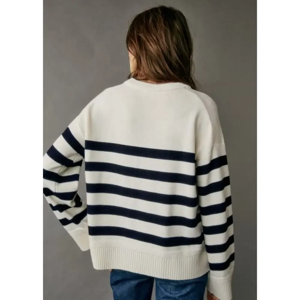 Sezane Bastien wool Sweater Ecru Marine Striped Knit Pullover M - Picture 3 of 10